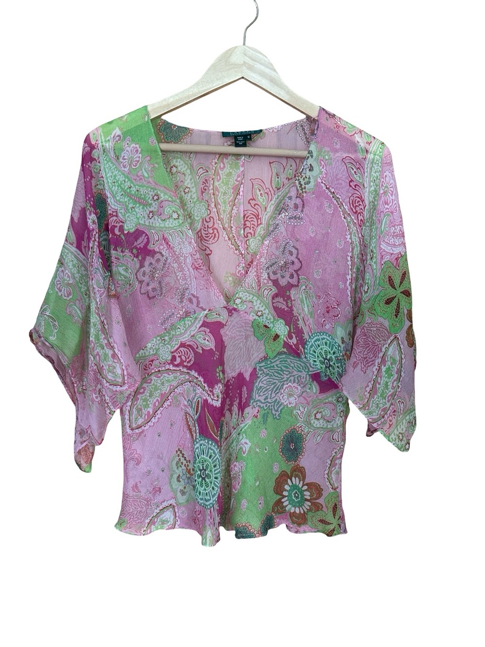 Lauren Ralph Lauren Silk Kimono Sleeved Deep V Paisley Blouse Sz 12
